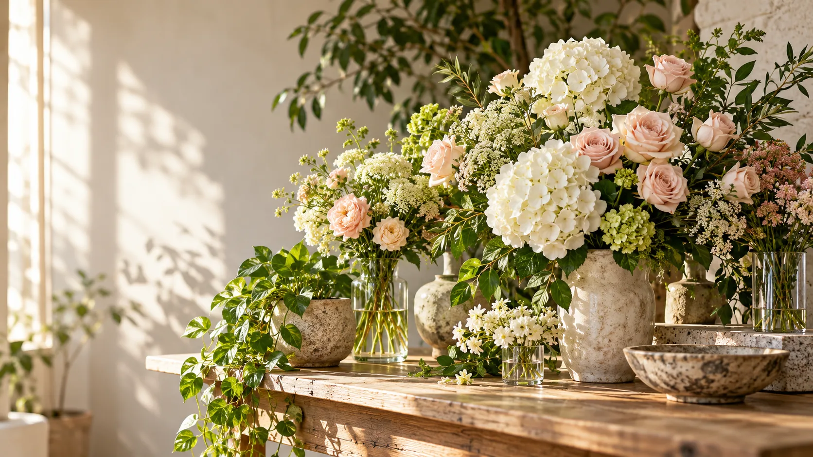 Composição elegante de flores e plantas em vasos